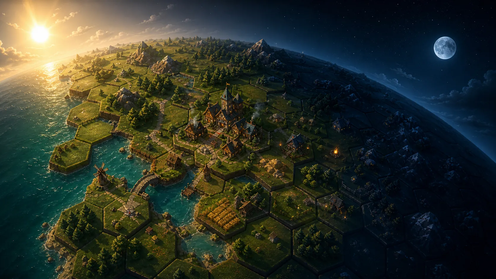 A curved fantasy world formed from hexagonal landscapes beneath day and night skies